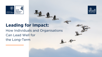 Text reads: Leading for Impact: Leading Well for the Long Term. An image of geese flying is in the background. 