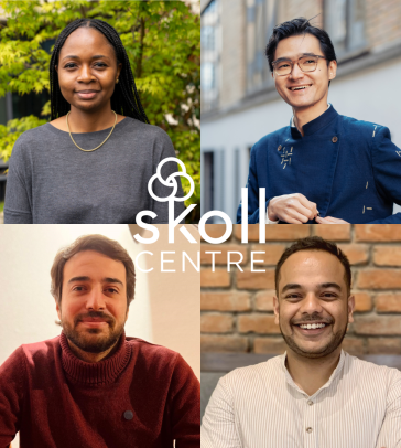 The four Skoll Scholar headshots with the Skoll Centre logo in the centre. 