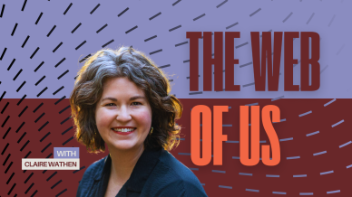 Claire is smiling on a red and purple background.