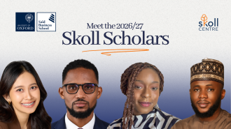 Desti Headshots of Desti Rispakasari, Edward Neequaye, Kehinde Abereoje, and Al Amin Idris underneath the title 'Meet the 2026/2027 Skoll Scholars'. 