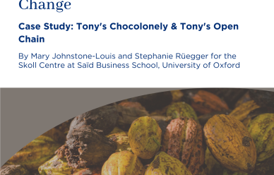 The front cover of the Tony's Chocolonely & Tony's Open Chain case study, with an image of cocoa beans on the front cover.
